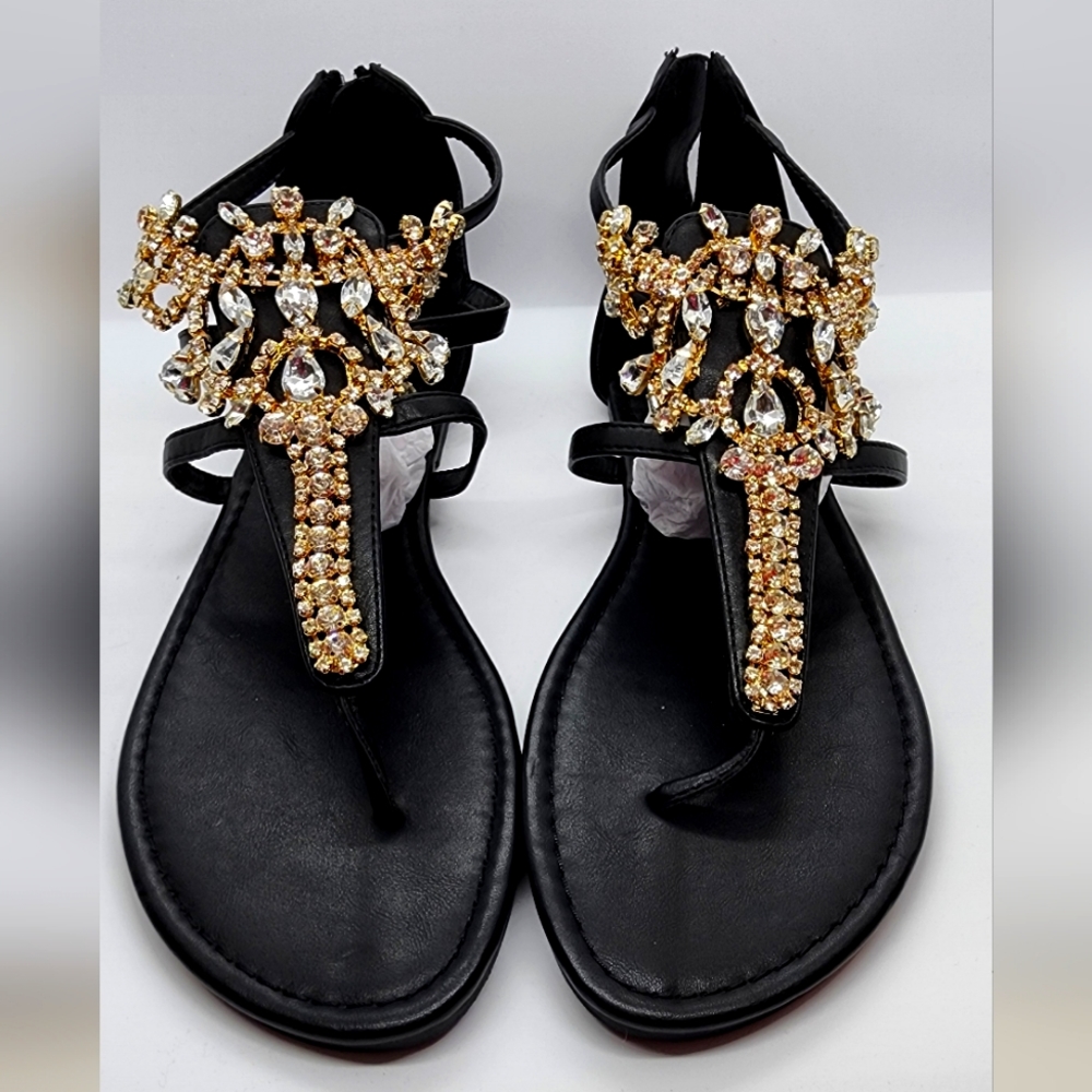 Black jeweled flat sandal size 9